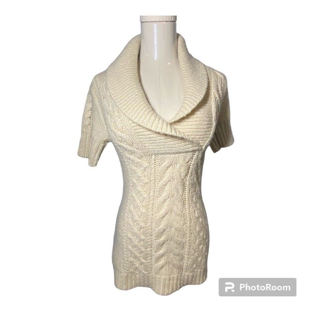 BCBG Maxazria Braided Knit Cowl Neck Ivory Top cable knit Sweater Sz S